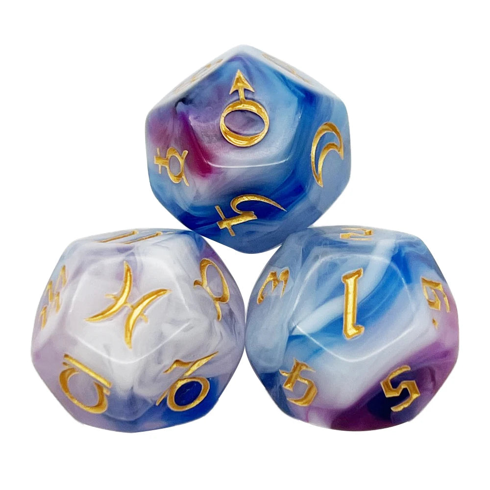 Lot de 3 Dés Astrologiques - Effet Pierre Naturelle sur fond blanc