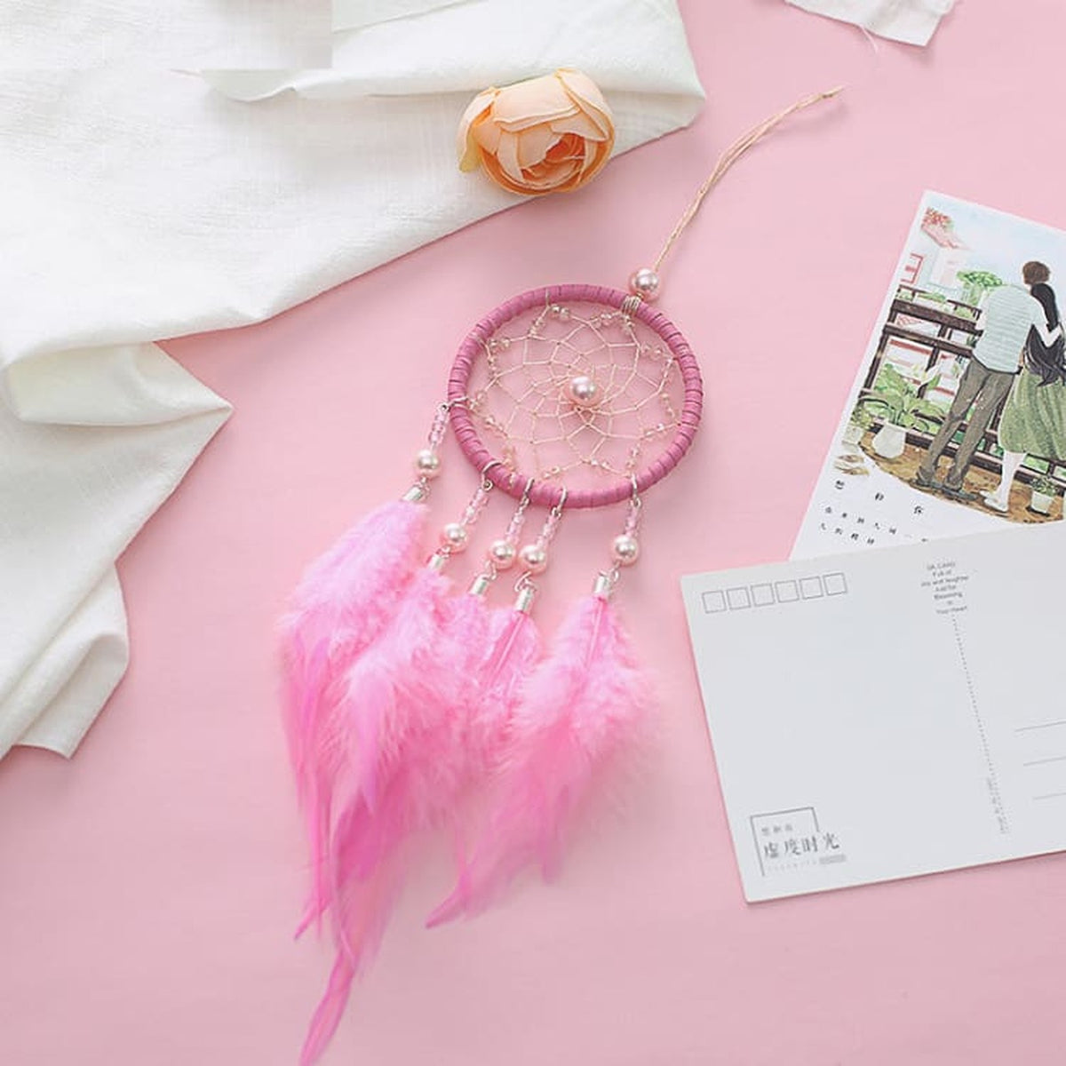 Mini attrape-rêves pour voiture rose, coloris doux