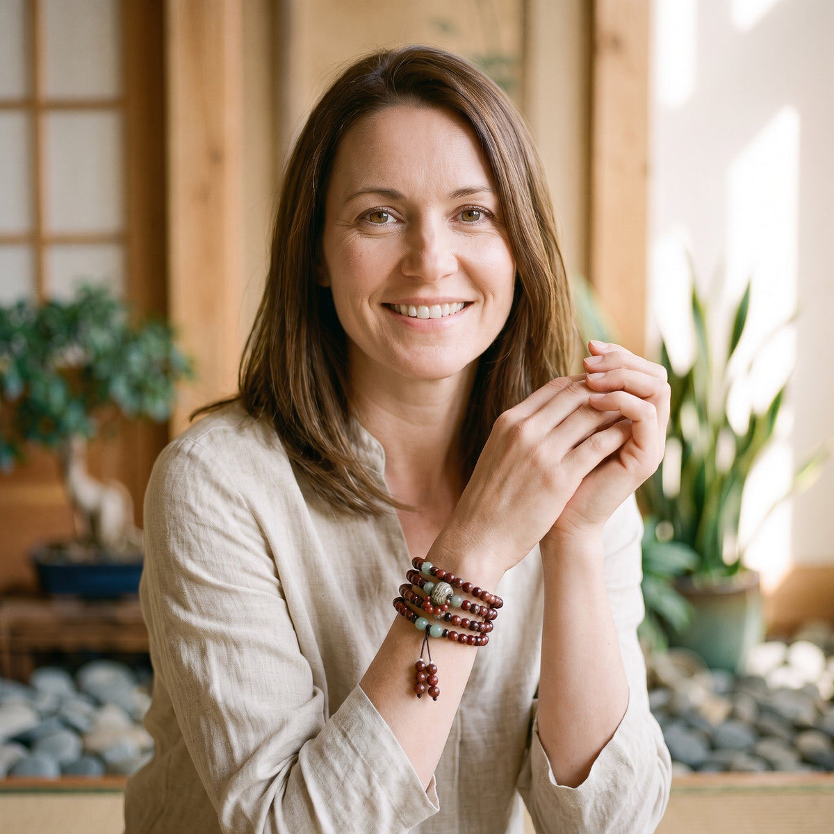 Femme souriante portant le bracelet Bouddha mala en jaspe bréchique enroulé quatre fois au poignet
