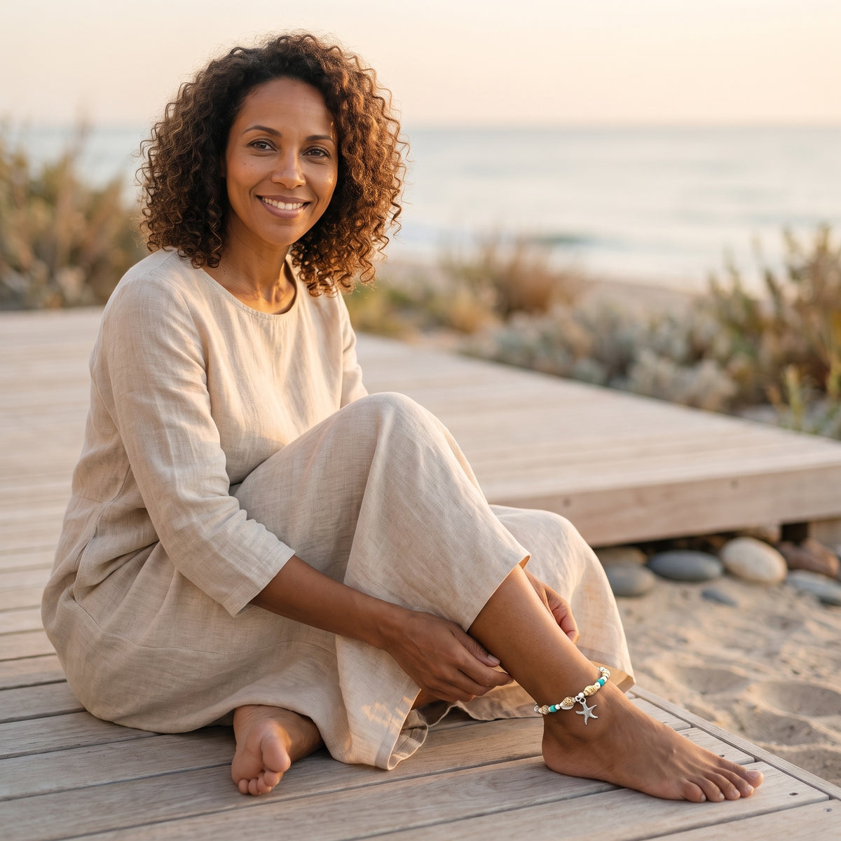 Femme souriante portant le bracelet de cheville en coquillages et étoile de mer