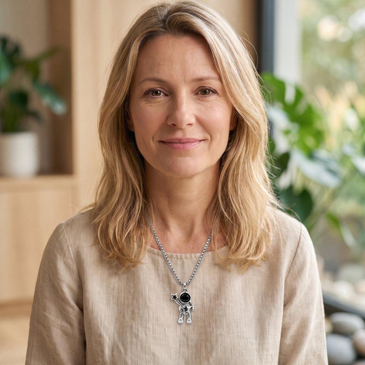 Femme souriante portant le collier amitié astronaute magnétique autour du cou