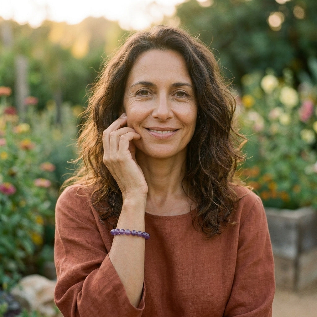 Femme souriante bracelet améthyste perles rondes