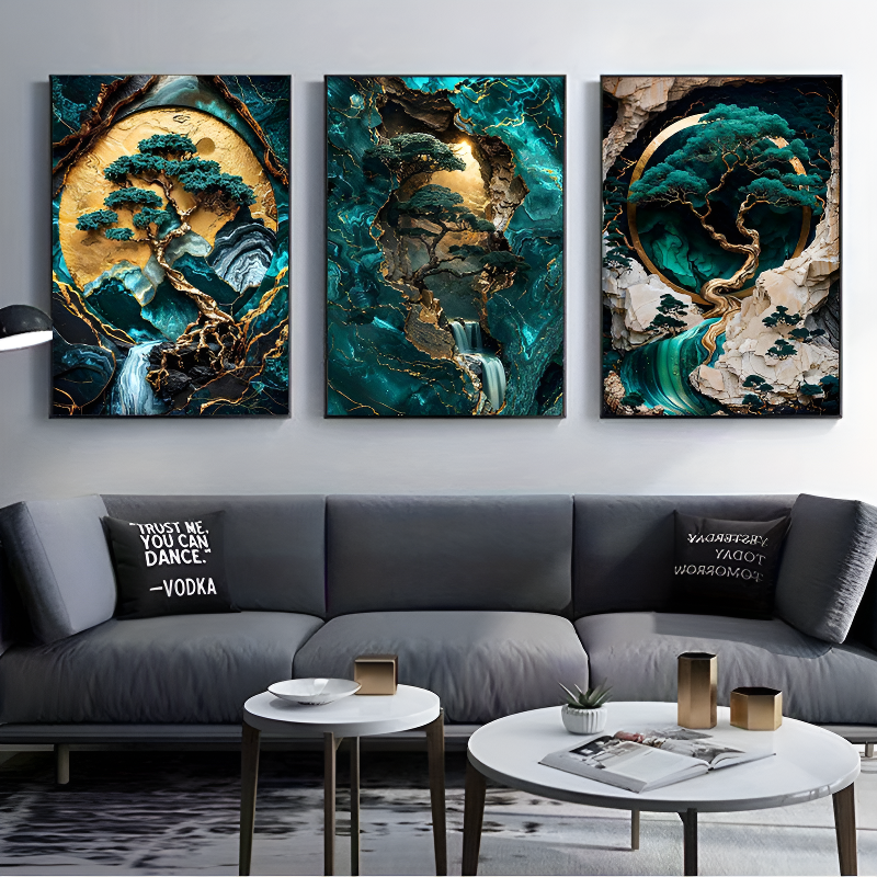 Tableau zen Arbre de vie, triptyque émeraude – vue 3