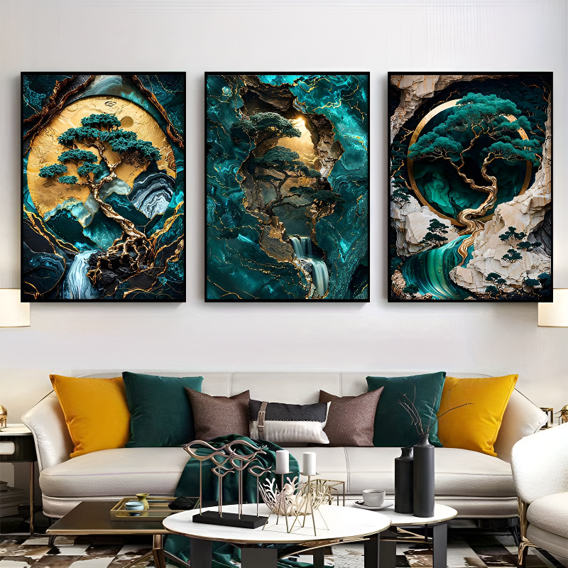 Tableau zen Arbre de vie, triptyque émeraude – vue 2