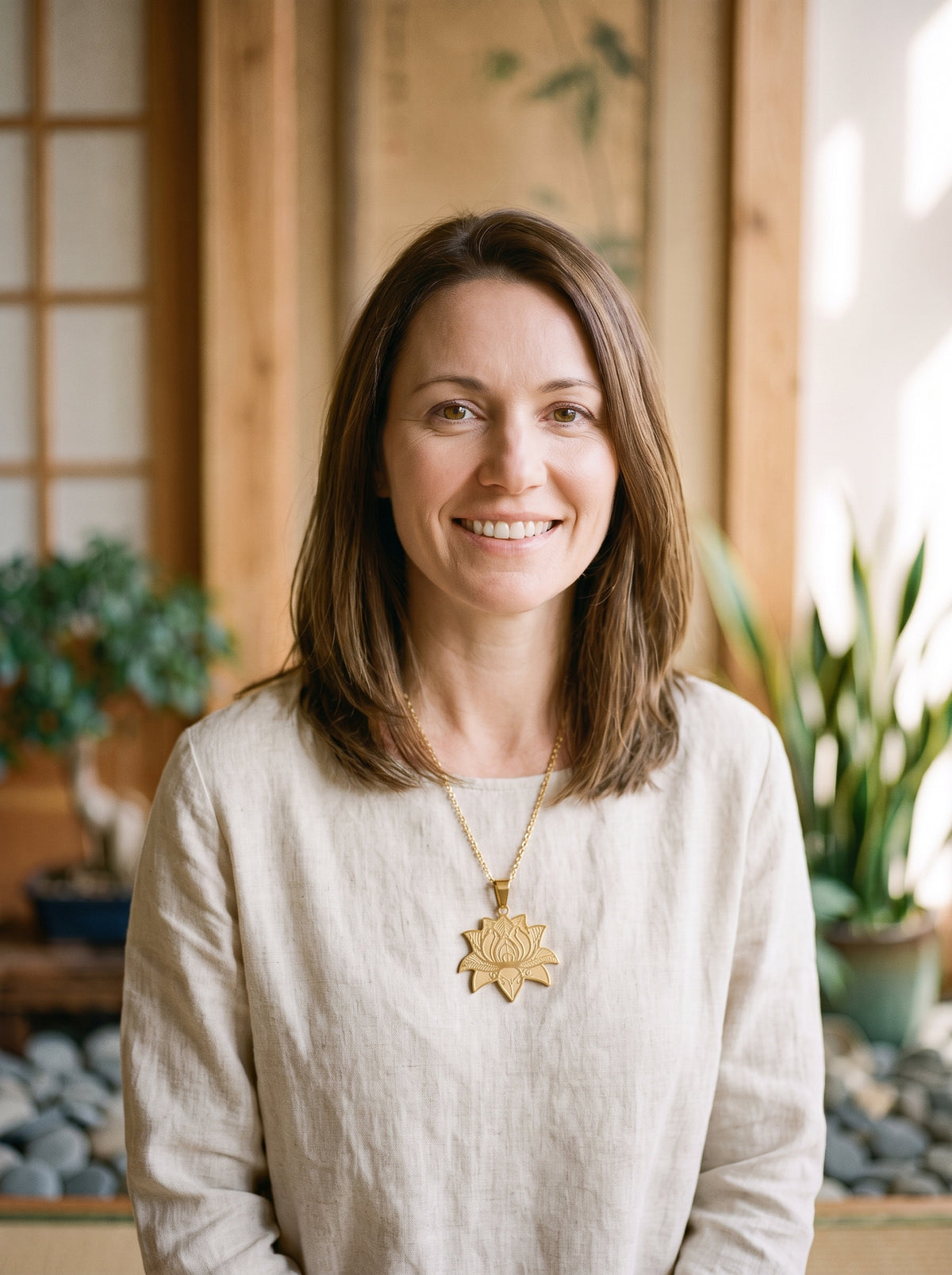 Femme souriante portant le pendentif fleur de lotus doré