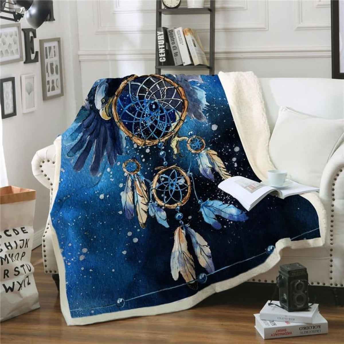 Plaid polaire sherpa imprimé attrape-rêves sur fond nuit étoilée