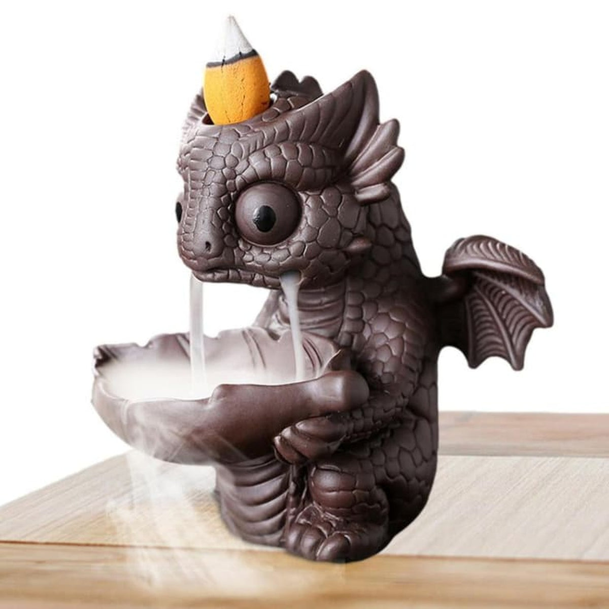 Dragon porte-encens tenant une coupelle feuille vu de trois quarts