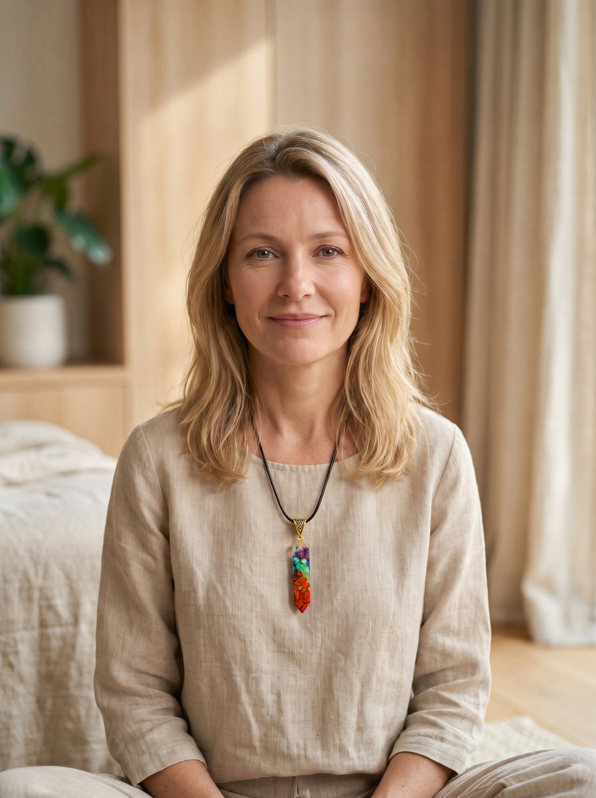 Femme portant un collier pendentif 7 chakras en pierres naturelles