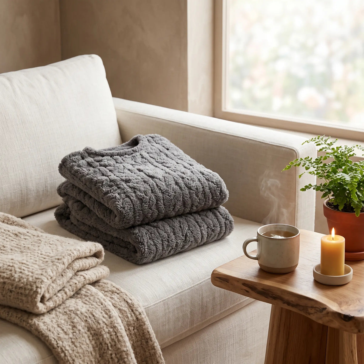 Pyjama polaire gris deux pièces plié sur un canapé en lin, plaid et tisane, ambiance cocooning