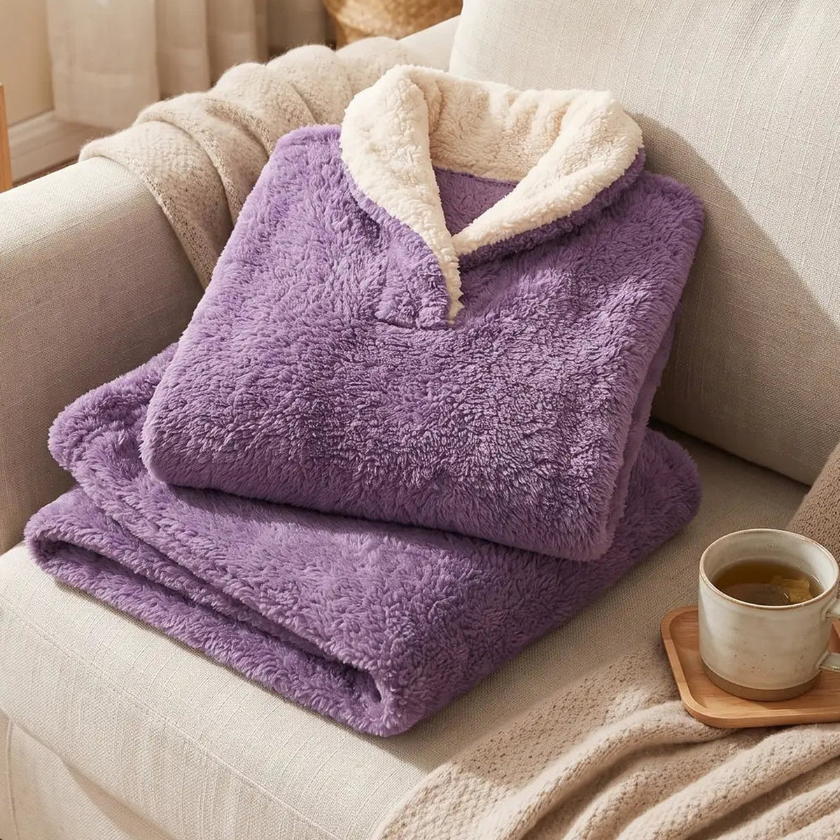 Gros plan sur la texture polaire duveteuse du pyjama, detail matiere cocooning Image