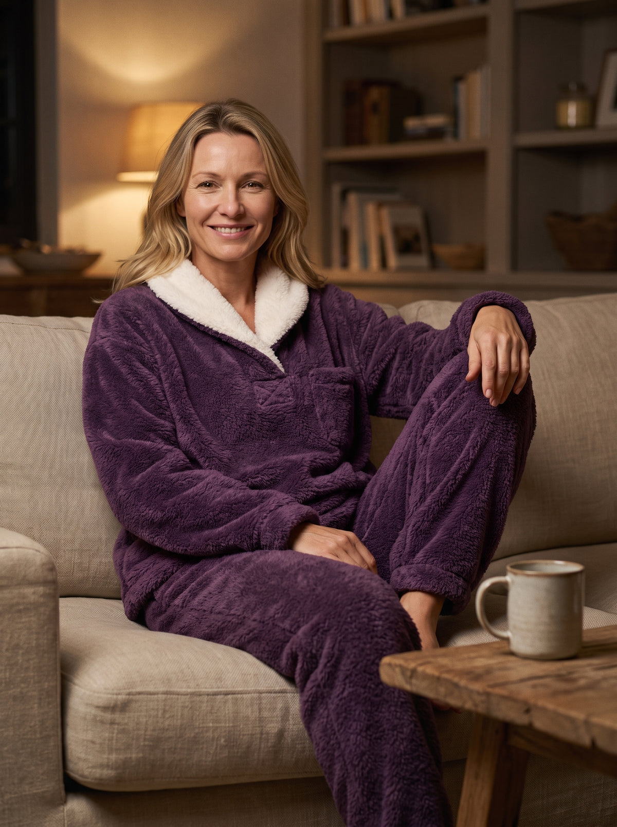 Femme souriante portant le pyjama polaire violet, assise confortablement sur un canape en lin, ambiance cocooning et chaleureuse