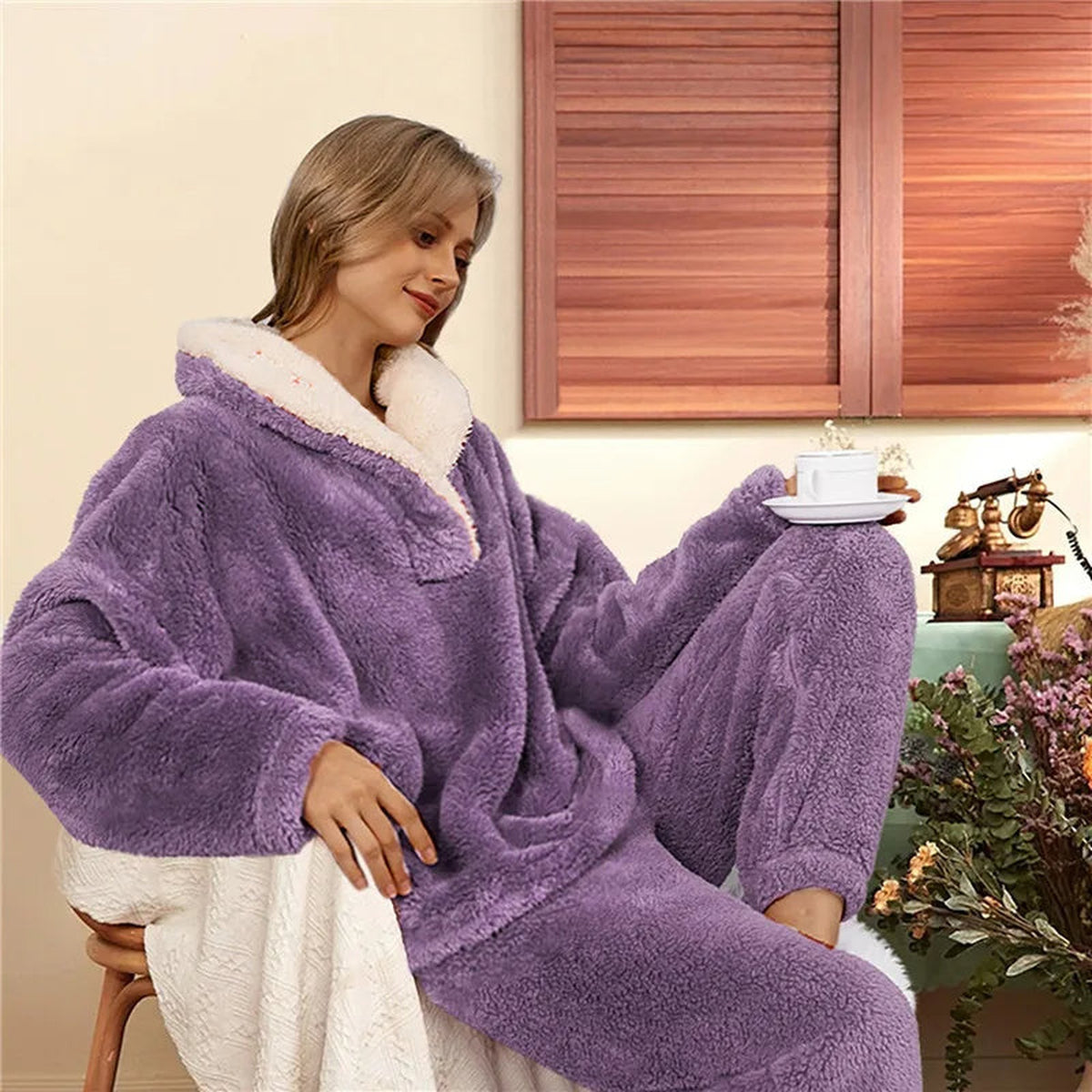 Pyjama polaire deux pièces thermique coloris violet, haut et pantalon assortis