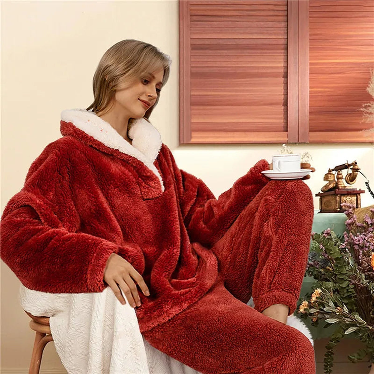 Pyjama polaire deux pièces thermique coloris rouge bordeaux, haut et pantalon assortis