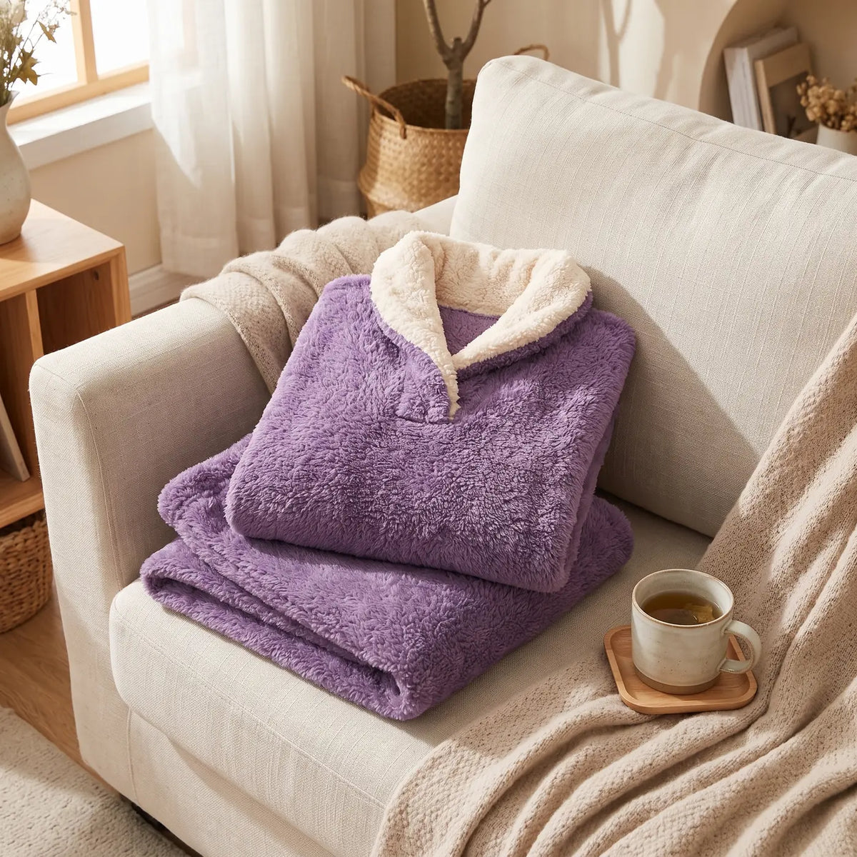 Pyjama polaire violet plié sur un canapé en lin, plaid beige et tasse de tisane, ambiance cocooning
