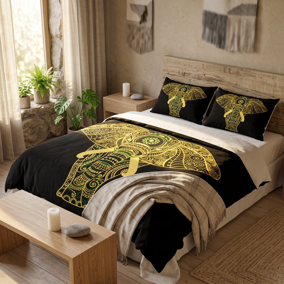 Chambre apaisante avec la housse de couette elephant noir et or, ambiance nature et serenite