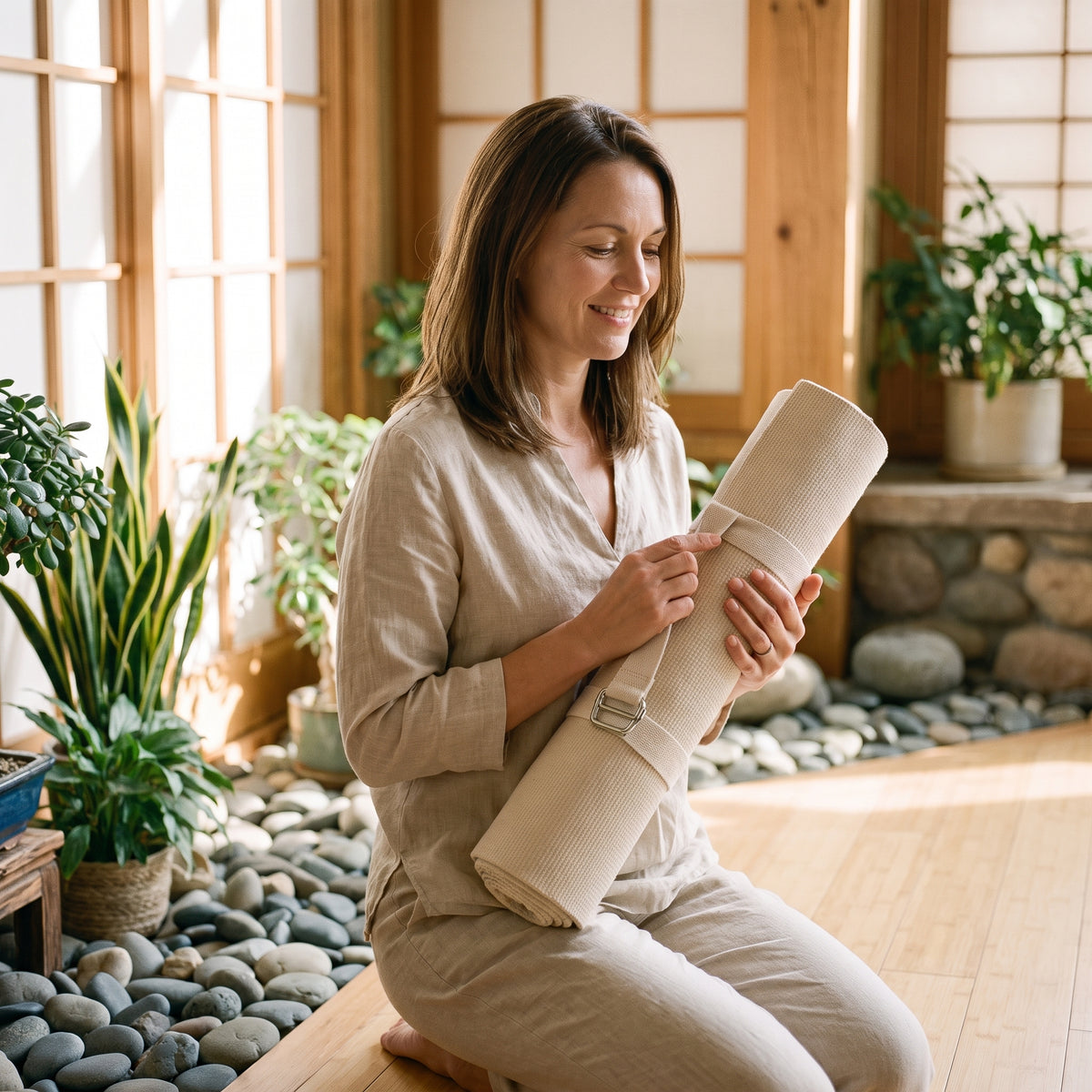 Sangle extensible beige pour yoga