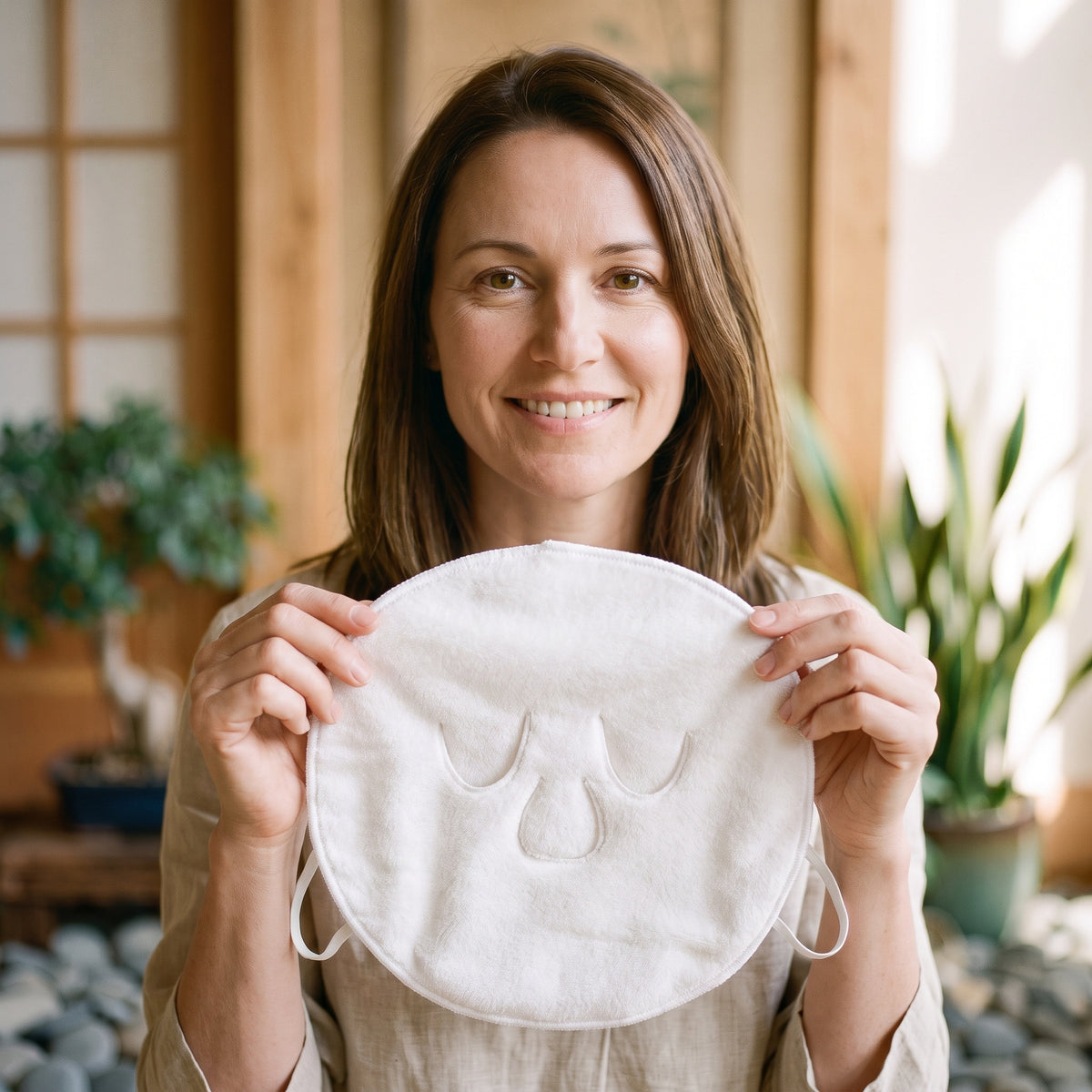 Femme souriante tenant la serviette faciale blanche à ouvertures
