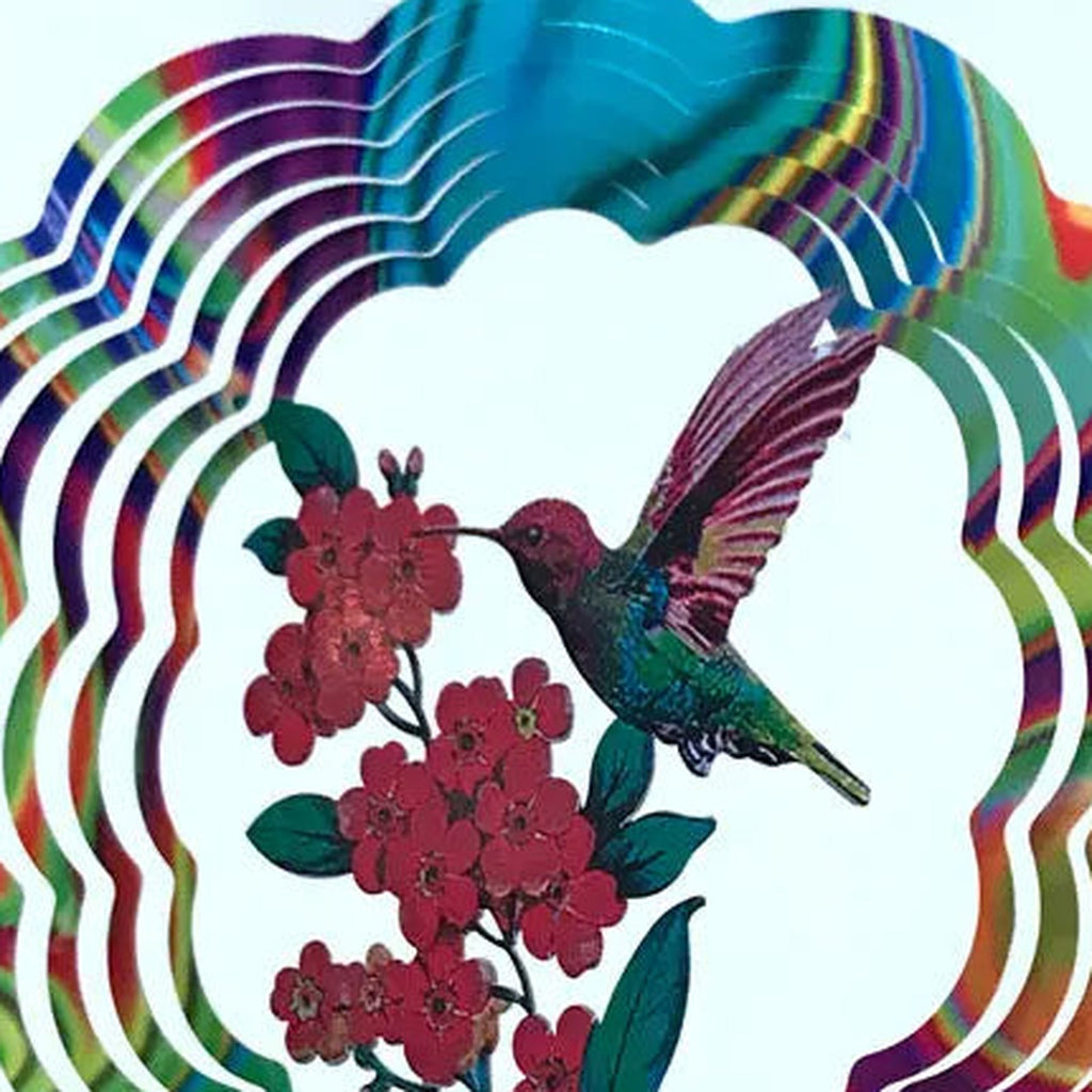 Détail du colibri, des fleurs rouges et des anneaux multicolores