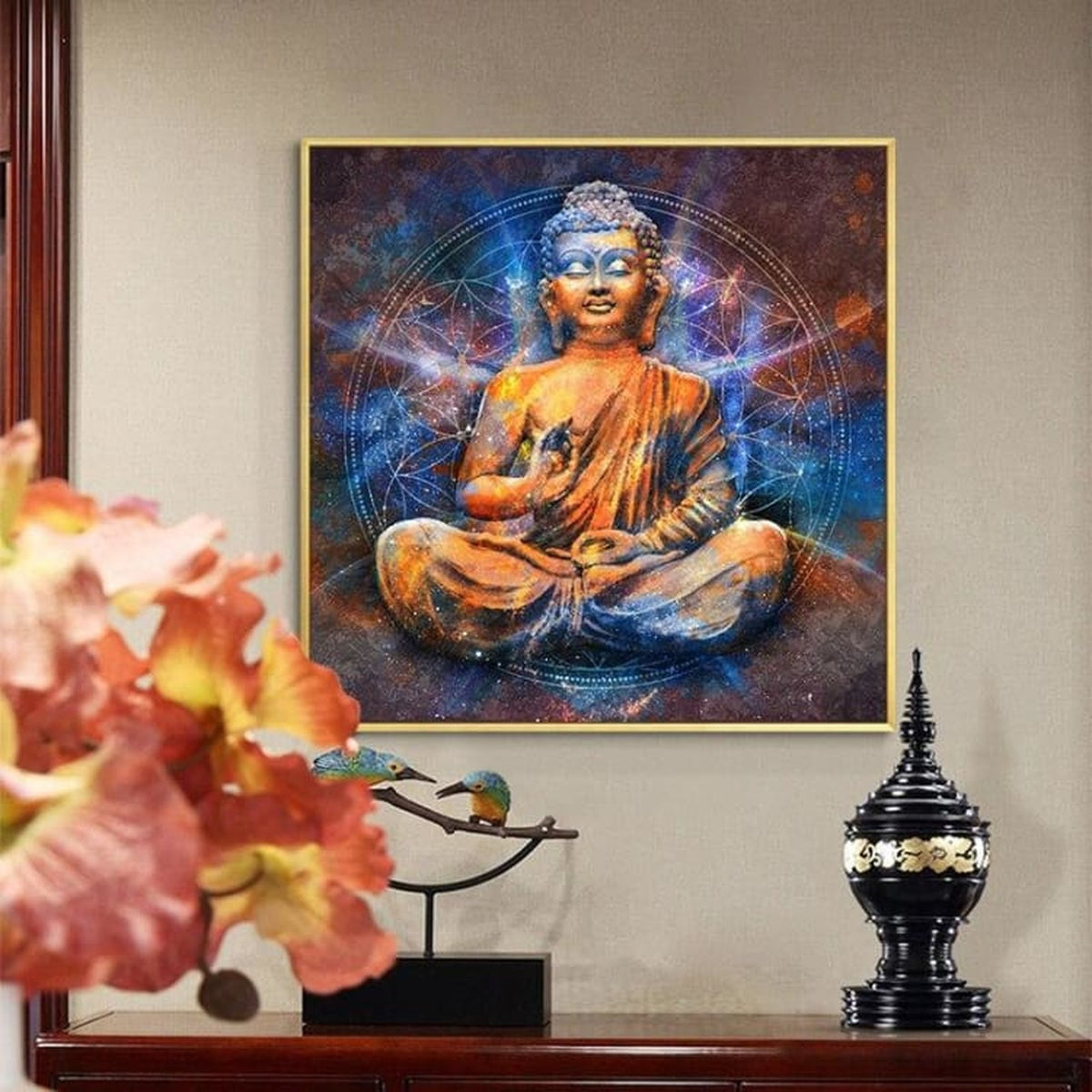 Tableau de Bouddha l'Éveil dans un décor intérieur, motif cosmique bleu et orange
