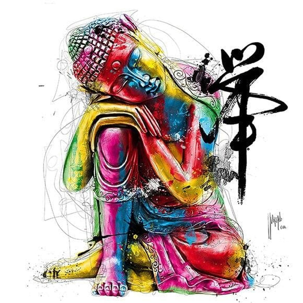 Tableau carré représentant Bouddha assis dans une palette multicolore