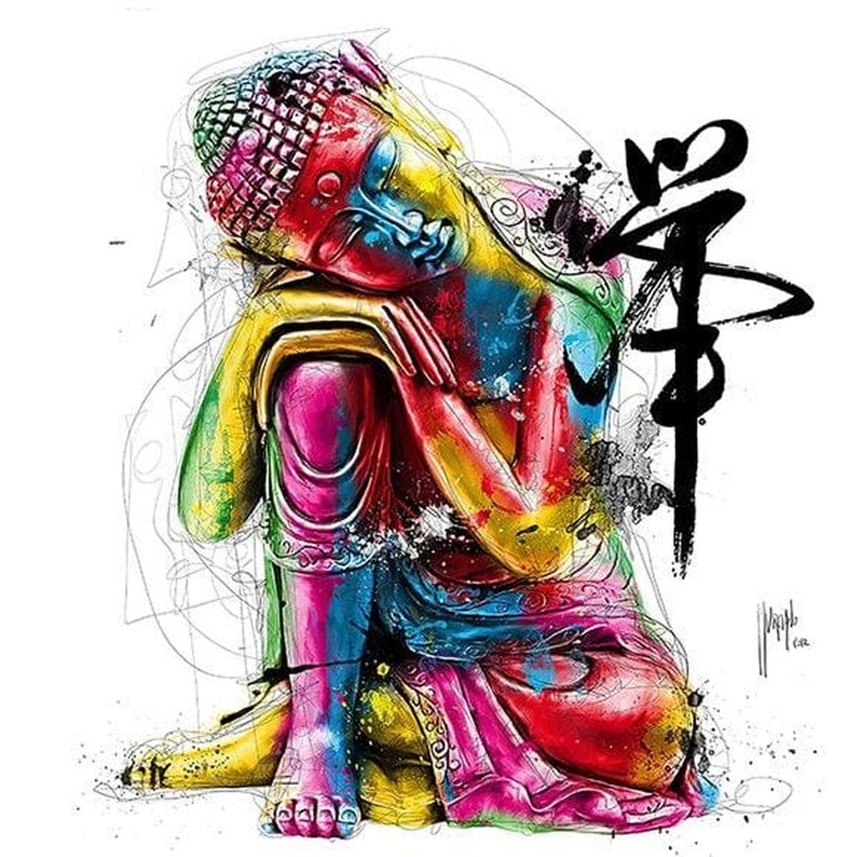 Tableau carré représentant Bouddha assis dans une palette multicolore