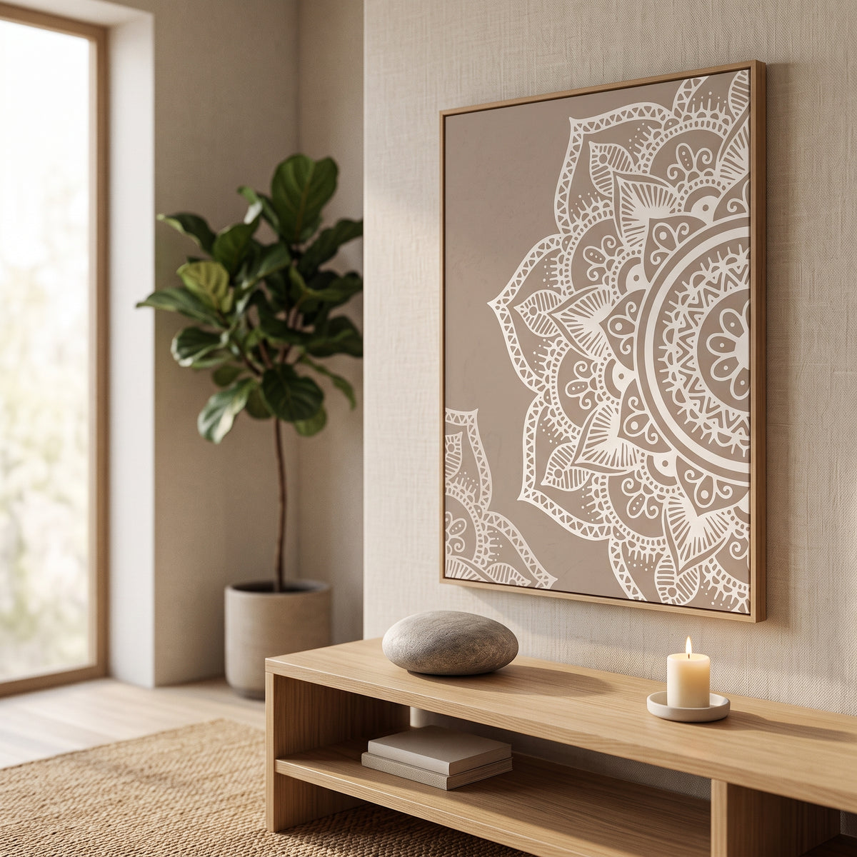 Tableau mandala beige et blanc en situation dans un intérieur zen avec plante verte et bougie