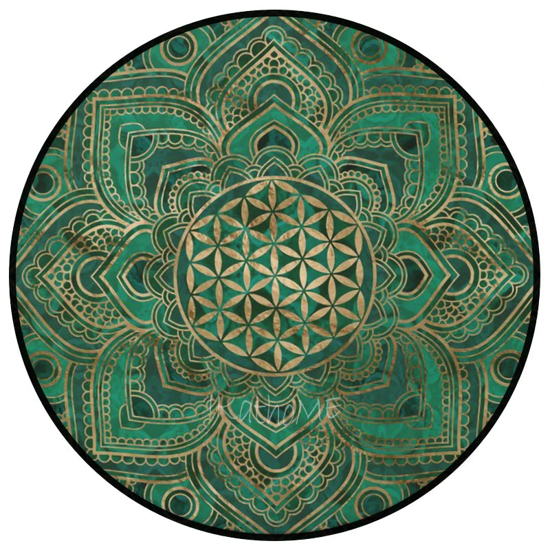 Tapis de méditation rond et vert avec mandalas
