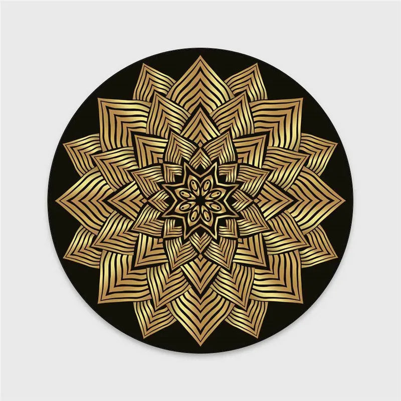 Tapis rond et noir avec mandalas dorés