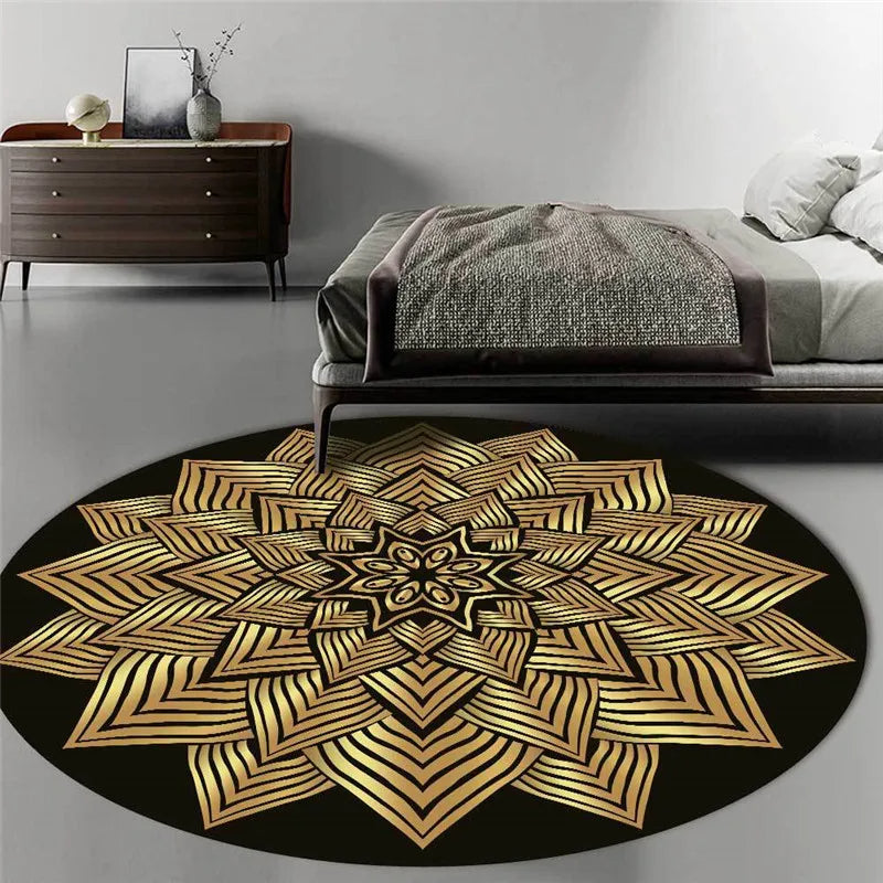 Tapis rond et noir avec mandalas dorés