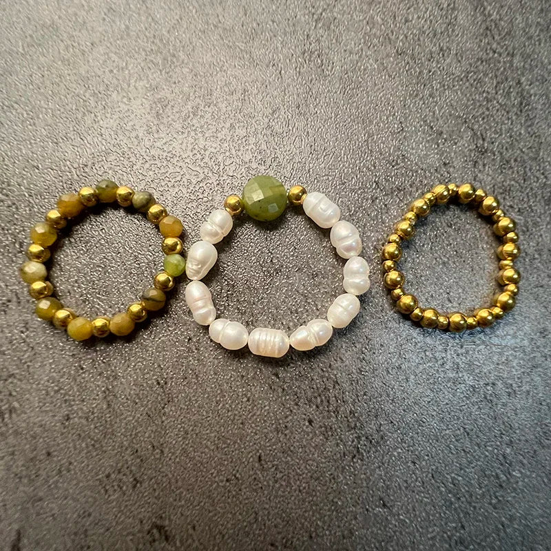 Trio de Bagues en perles de Jaspe Vert