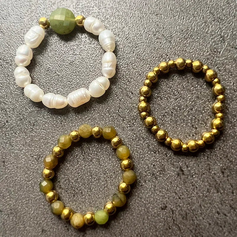 Trio de Bagues en perles de Jaspe Vert