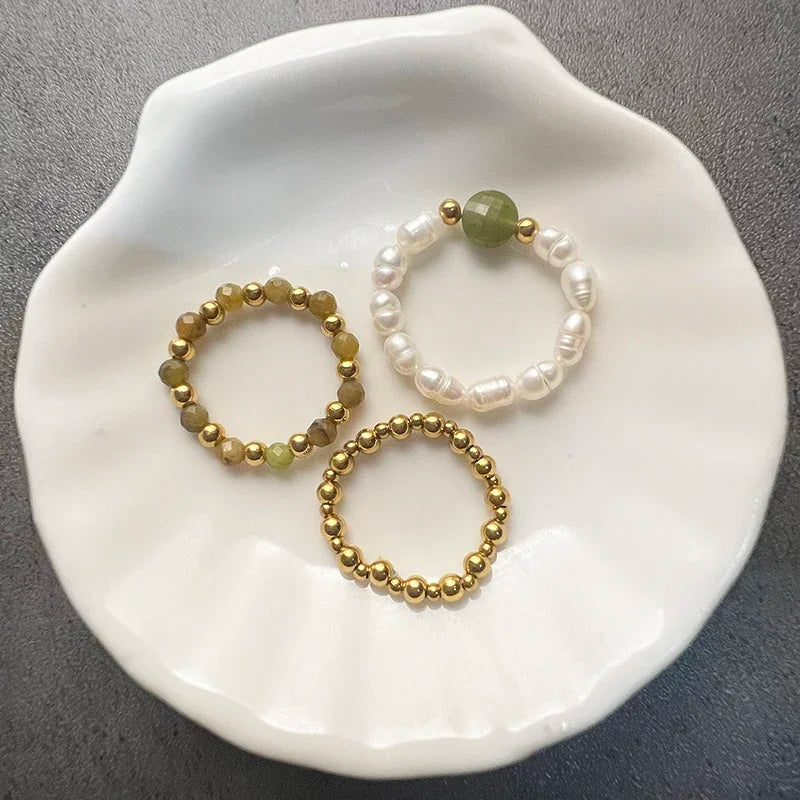 Trio de Bagues en perles de Jaspe Vert
