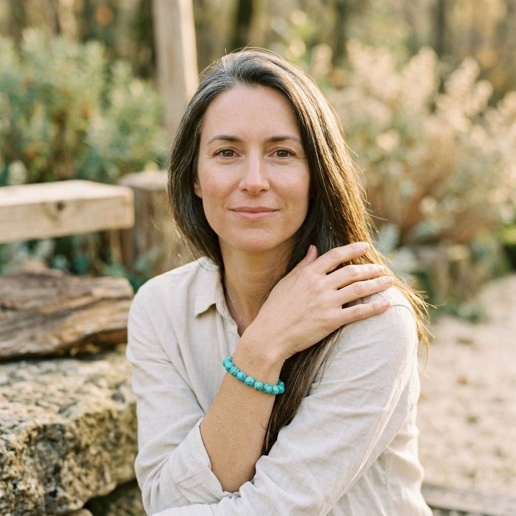 Bracelet turquoise porté au poignet, femme en nature Image