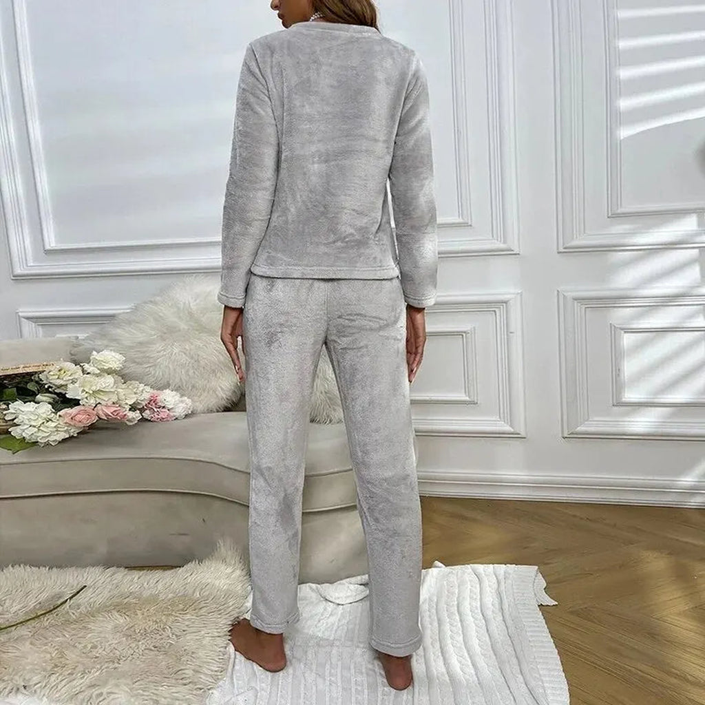 Pyjama polaire femme deux pièces gris perle vu de dos