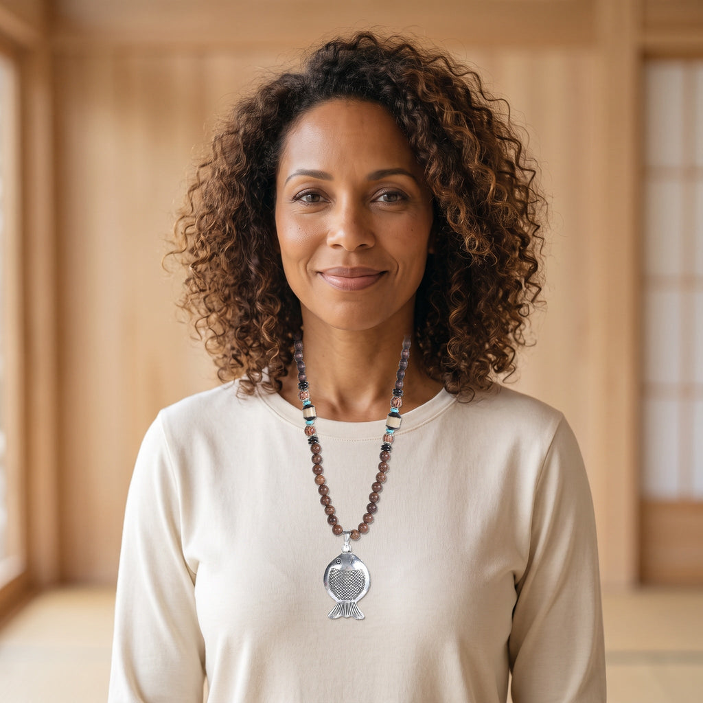 Femme du casting souriante portant le collier vintage au grand poisson
