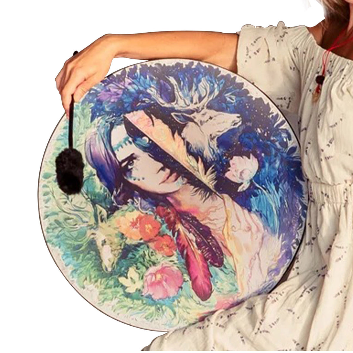 Tambour chamanique décor femme et nature, instrument de méditation et d'ancrage Image