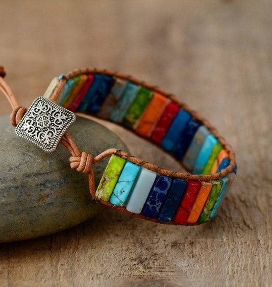 Bracelet tibétain en cuir multicolore