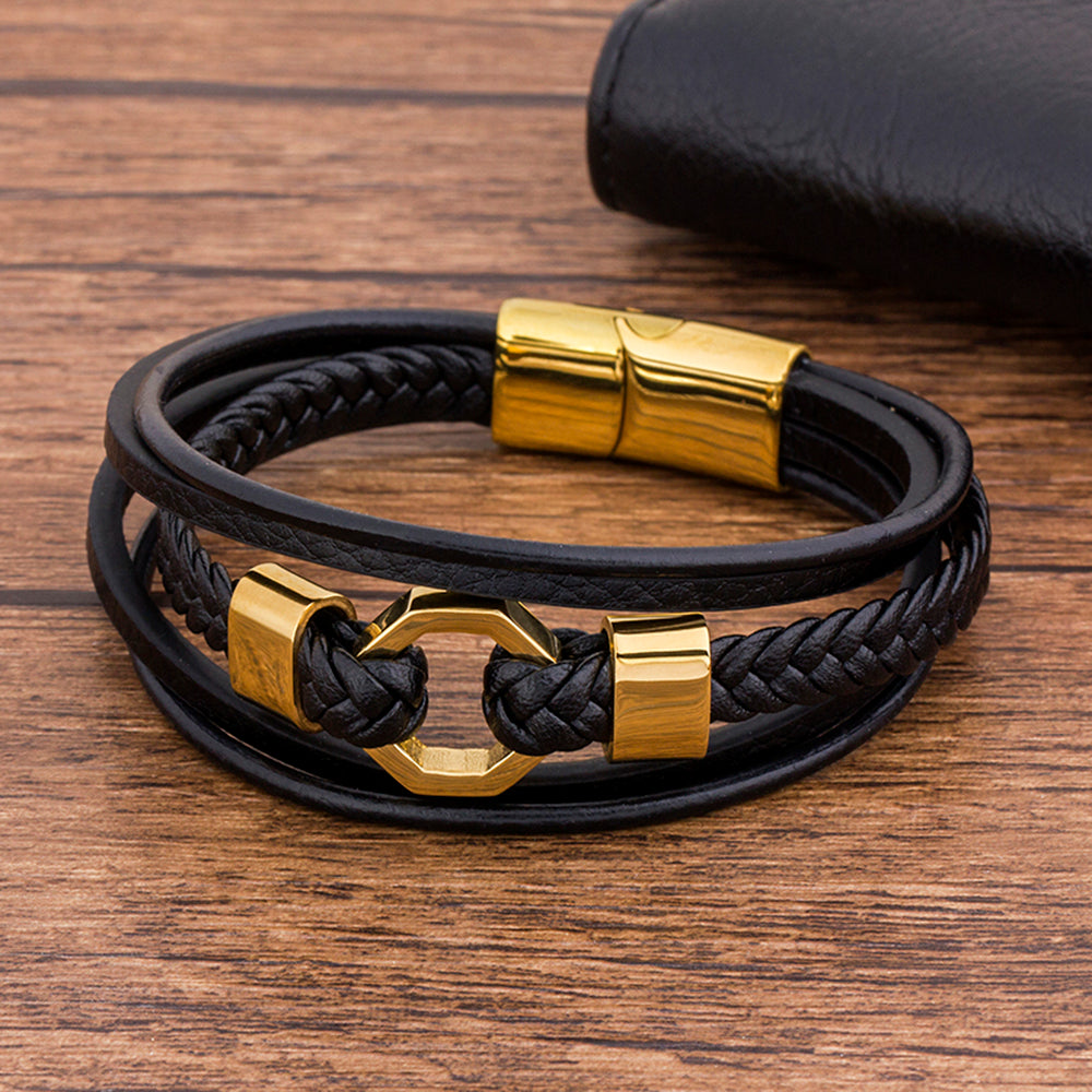 Bracelet pour homme en cuir tressé en acier inoxydable