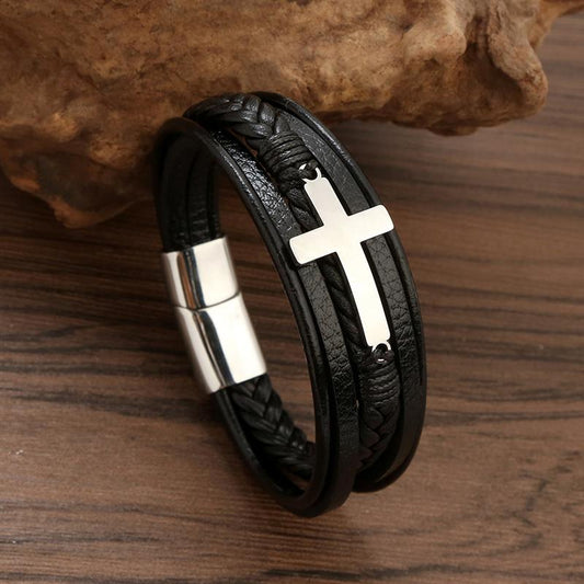 Bracelet pour homme en cuir avec croix en acier inoxydable