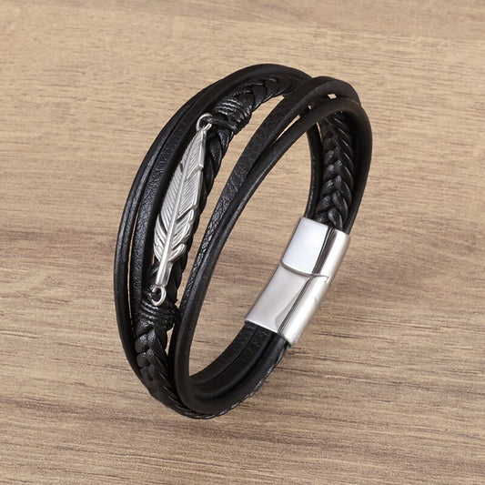 Bracelet pour homme avec boucle plume en métal