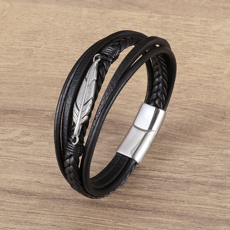 Bracelet pour homme avec boucle plume en métal
