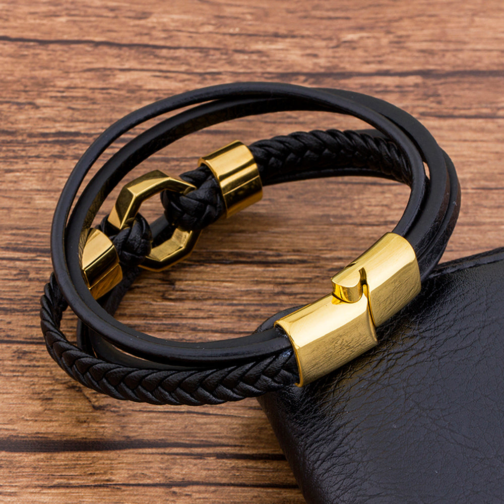 Bracelet pour homme en cuir tressé en acier inoxydable