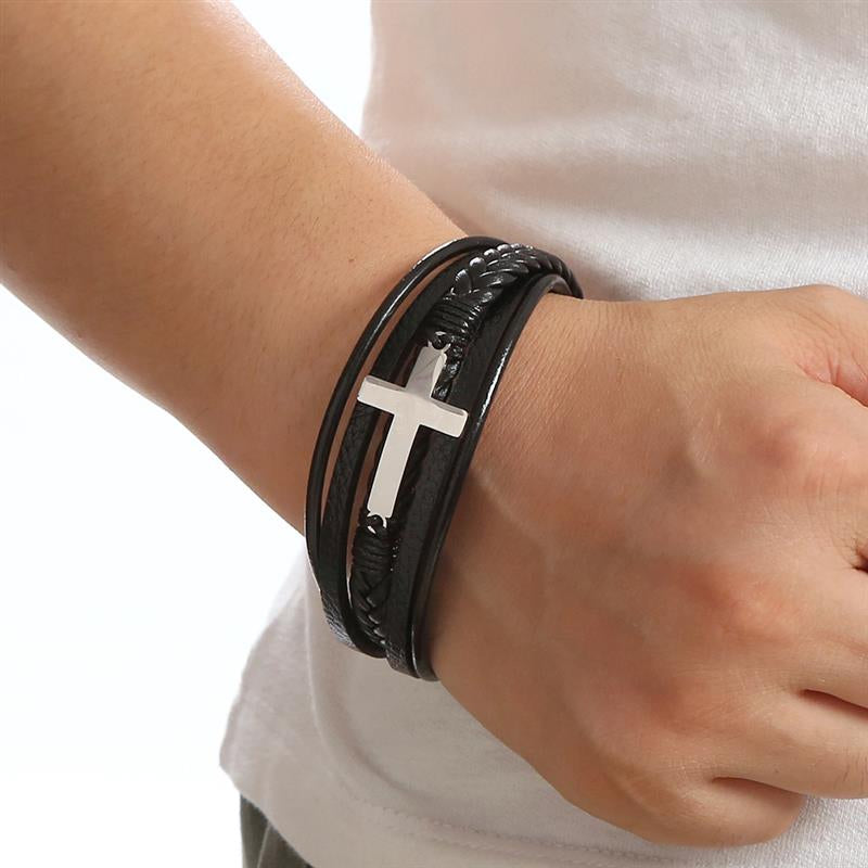 Bracelet pour homme en cuir avec croix en acier inoxydable