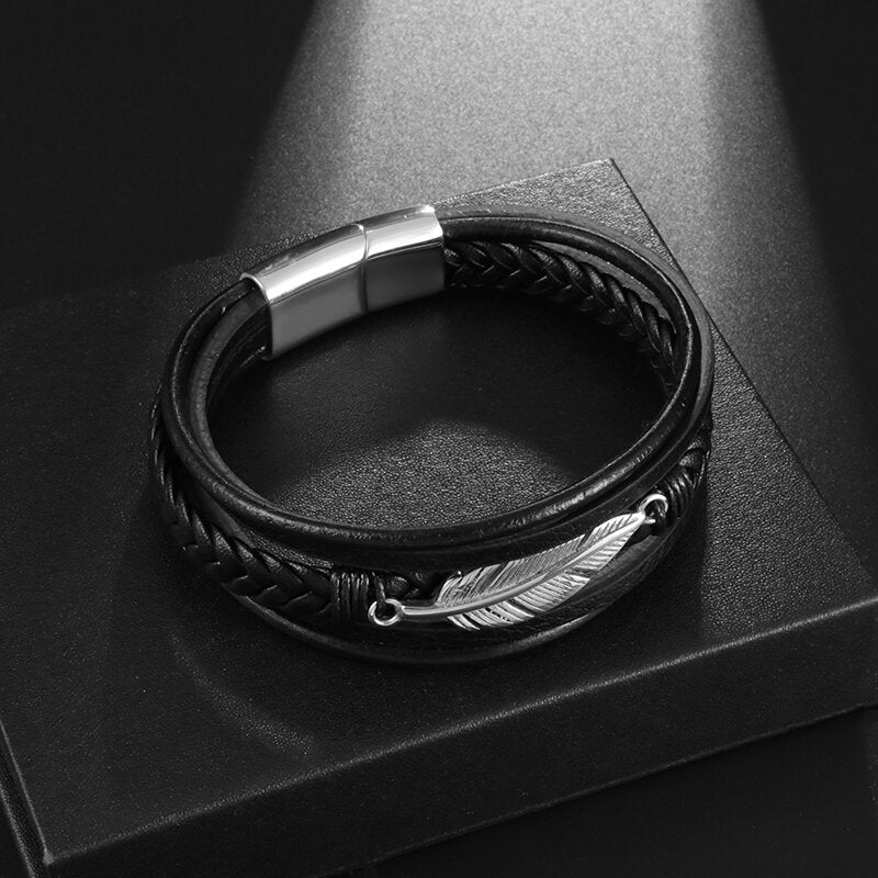Bracelet pour homme avec boucle plume en métal