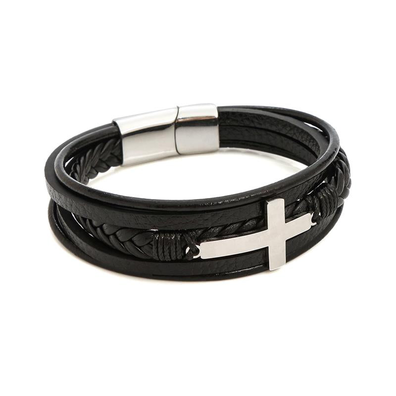 Bracelet pour homme en cuir avec croix en acier inoxydable