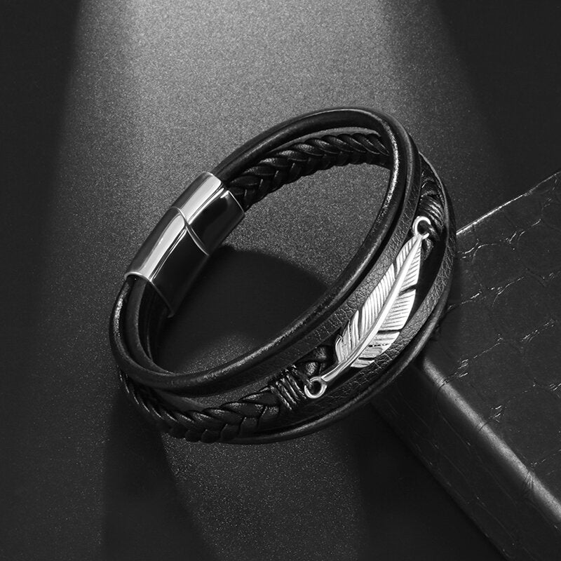Bracelet pour homme avec boucle plume en métal