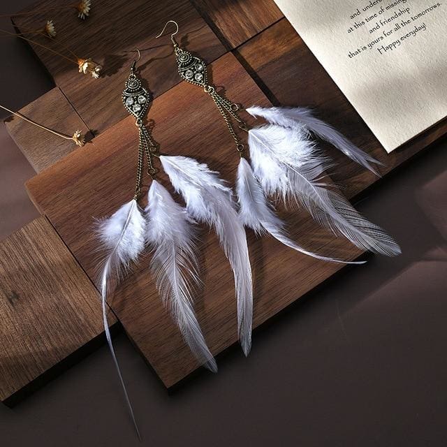 Boucles d’oreilles à plumes longues inspiration bohème - Blanc Image