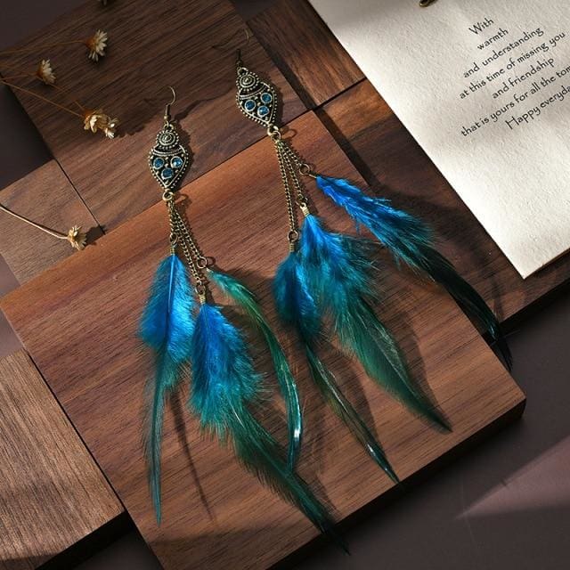 Boucles d’oreilles à plumes longues inspiration bohème - Bleu