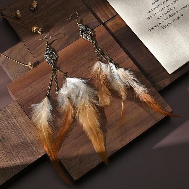 Boucles d’oreilles à plumes longues inspiration bohème - Café