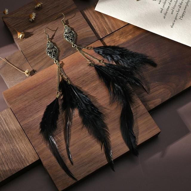 Boucles d’oreilles à plumes longues inspiration bohème - Noir Image